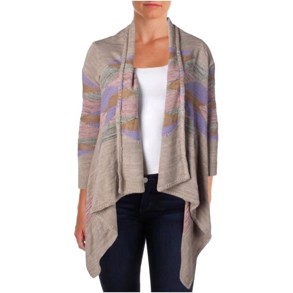Lauren Ralph Lauren Taupe Tribal Print Waterfall Draped Cardigan‎ S/M Aztec